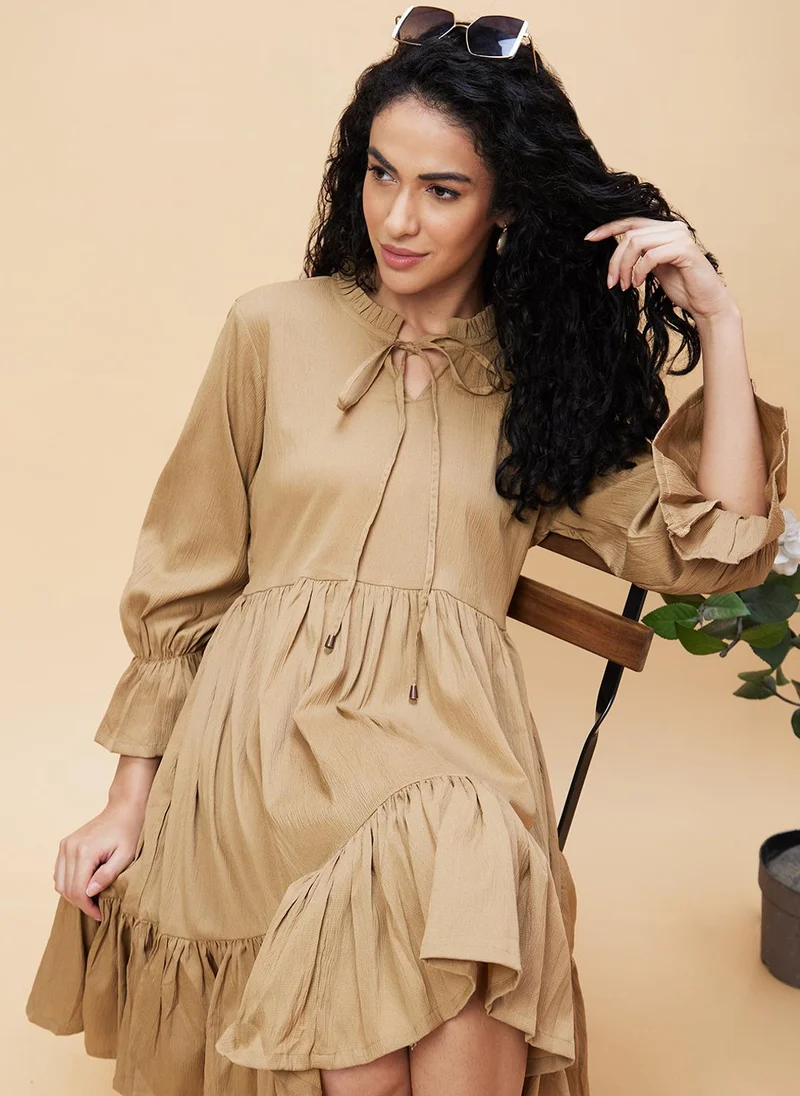 globus Globus Women Nude Tie-Up Neck Bell Sleeves Gathered A-Line Dress